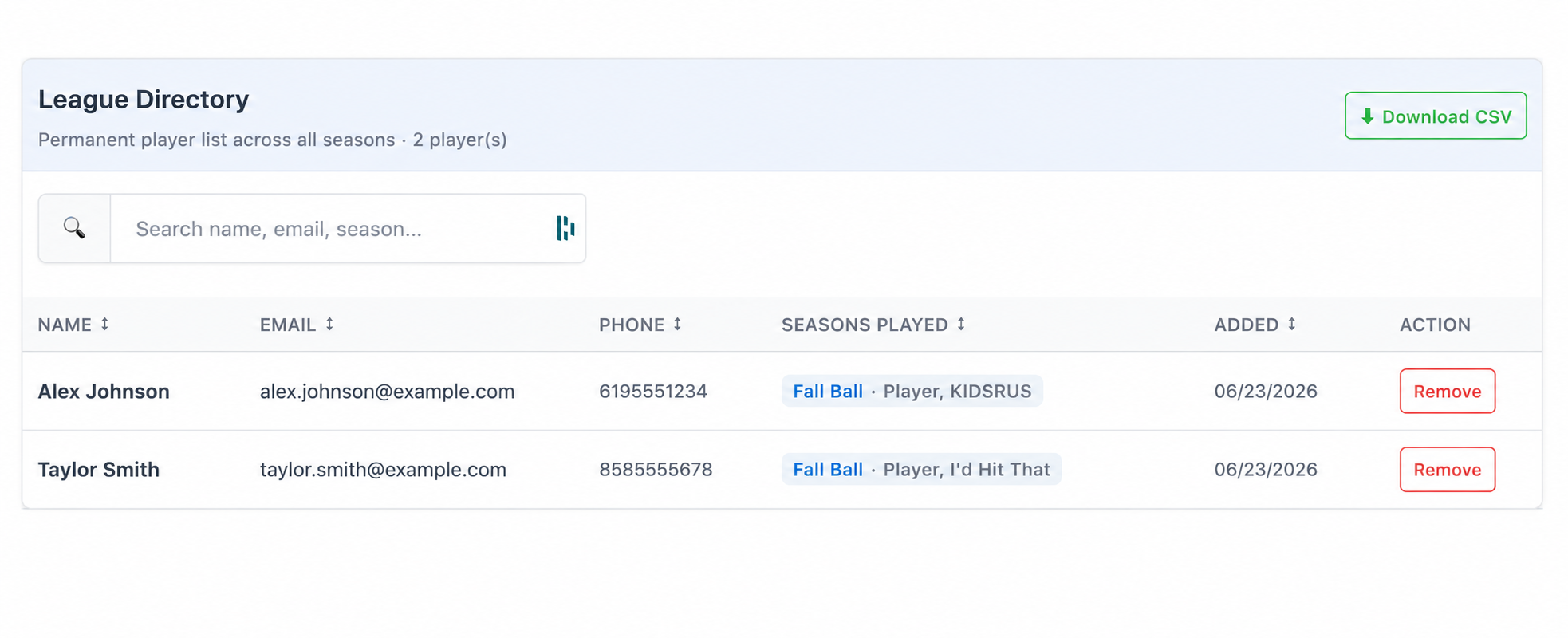 The league player directory, listing players with the seasons they played