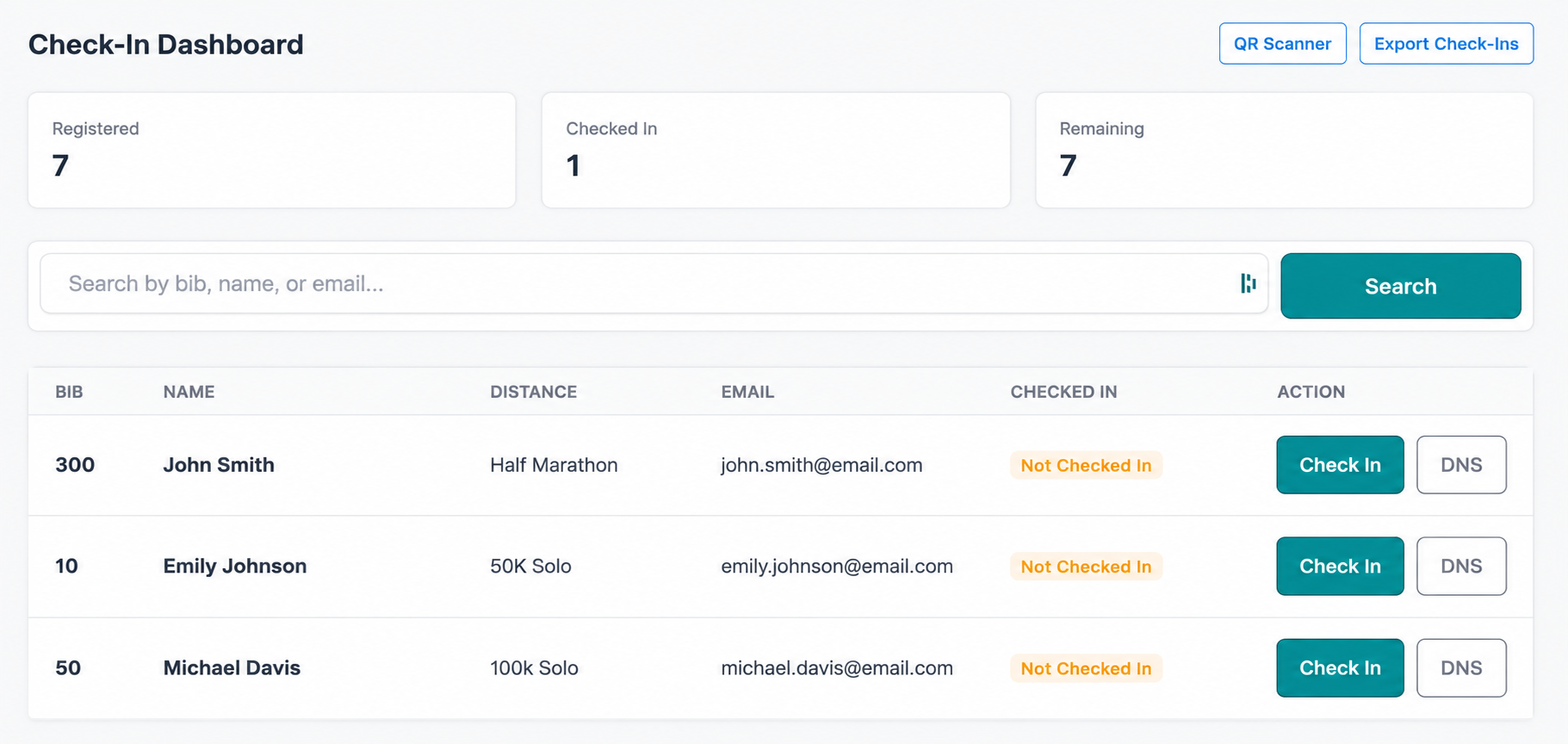 The check-in dashboard, showing recent scans with bib numbers and times